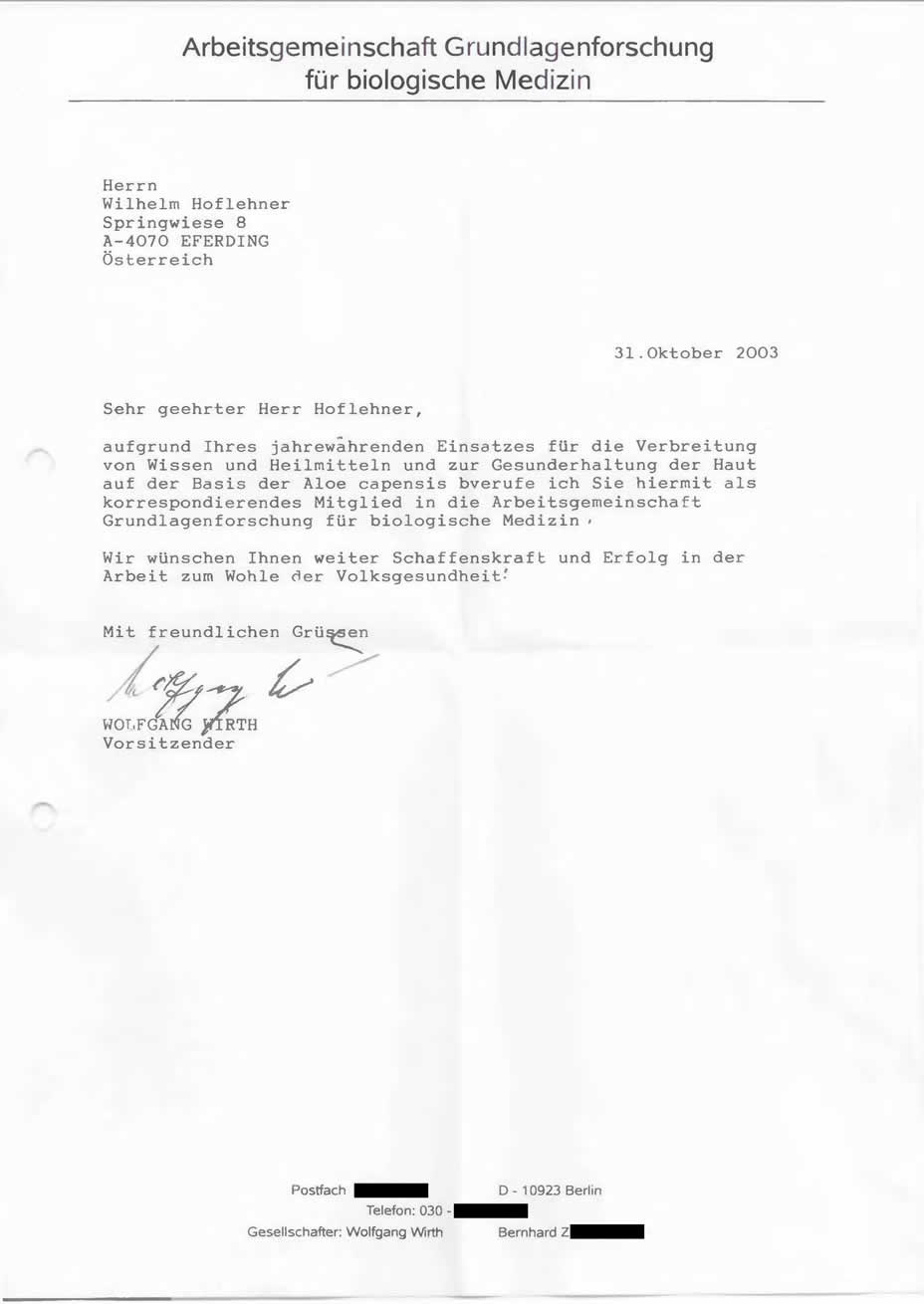 Brief von Wolfgang Wirth an Wilhelm Hoflehner